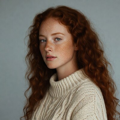 Redhead woman with freckles in turtleneck