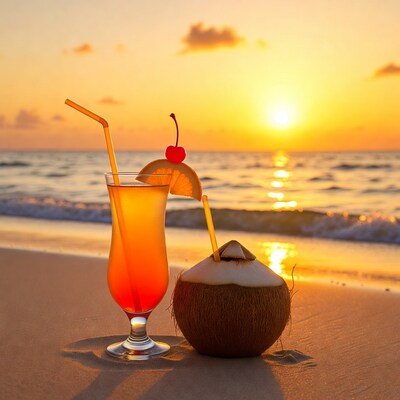 Tropical Cocktail and Coconut at Sunset Beach