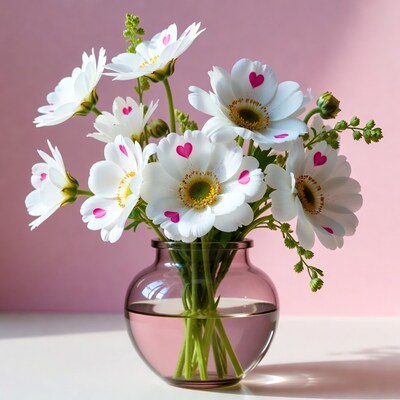 White Daisies with Hearts in Pink Vase