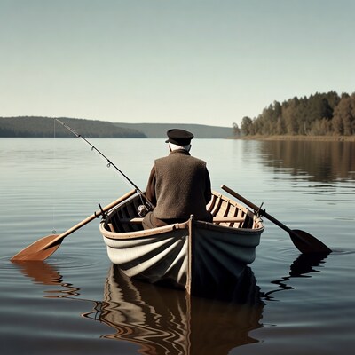 Elderly man fishing from rowboat