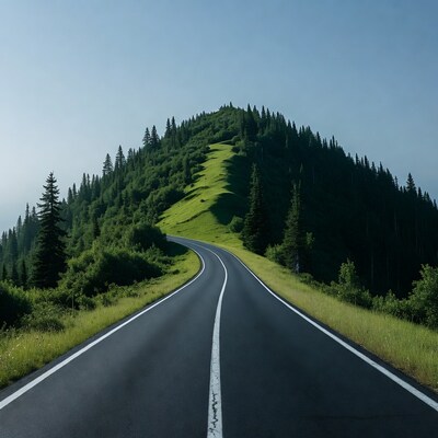 Winding road up forested mountain