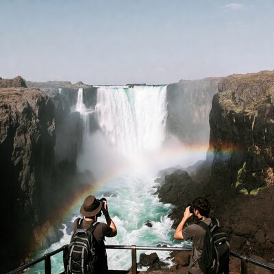 Men Photographing Waterfall with Rainbow