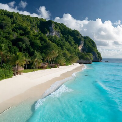 Tropical Beach with Overwater Bungalows and Cliffs