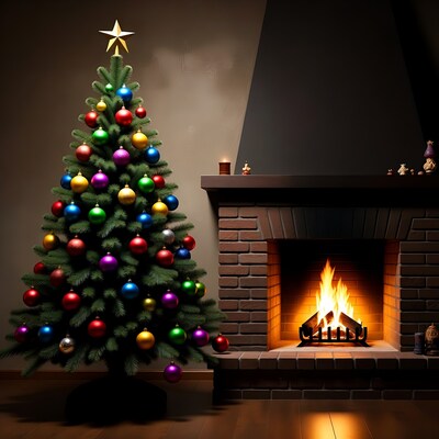 Christmas Tree by Fireplace