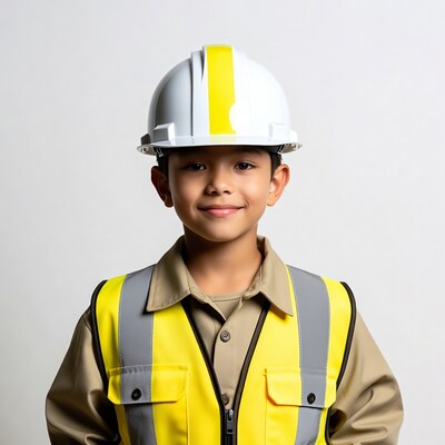 Asian boy in hard hat and vest