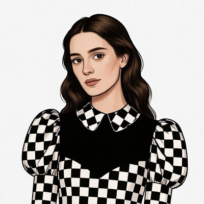 Woman in checkered puff sleeve dress