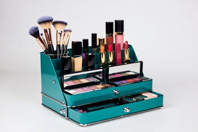 Teal Makeup Organizer with Brushes and Cosmetics