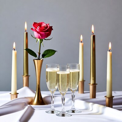 Three Champagne Glasses with Rose and Candles