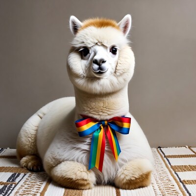 White alpaca with rainbow bow