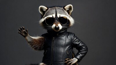 Raccoon waving in sunglasses and leather jacket