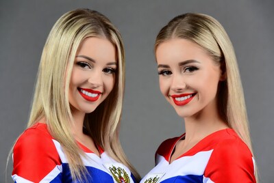 Two blonde women in Russia cheerleader uniforms