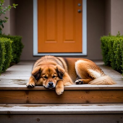 Golden Retriever sleeping on porch steps