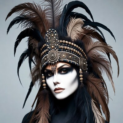 Woman in feather headdress with white makeup