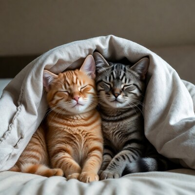 Orange and Gray Kittens Cuddling Under Blanket