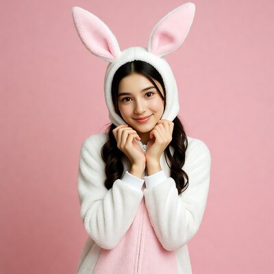 Asian girl in pink bunny onesie