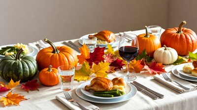 Thanksgiving Table with Pumpkins and Roast Chicken