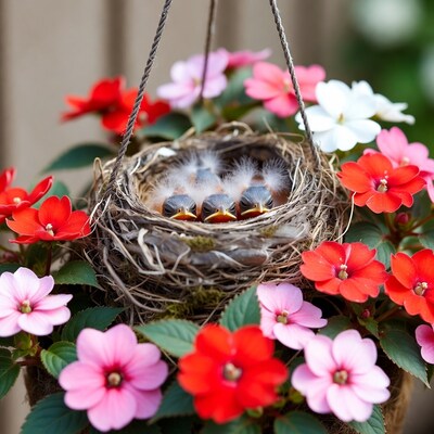 Baby birds in nest with flowers