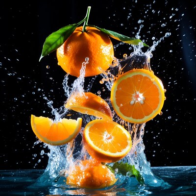 Oranges splashing in water