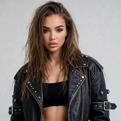 Woman in black leather jacket