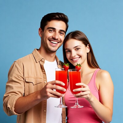 Smiling couple toasting strawberry drinks