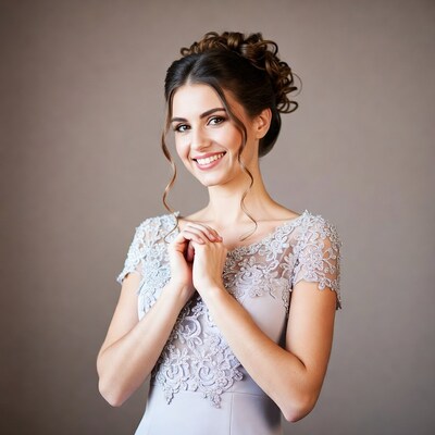 Smiling woman in lace gray dress