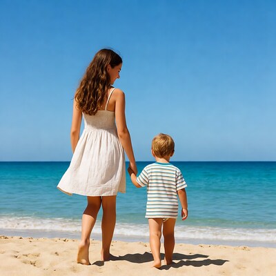 Mother and toddler holding hands on beach
