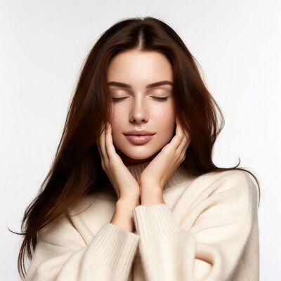 Woman touching face with hands