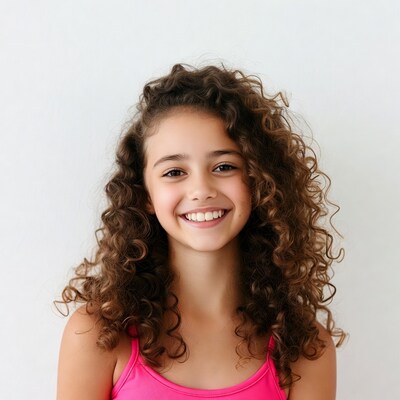 Smiling girl with curly hair in pink top