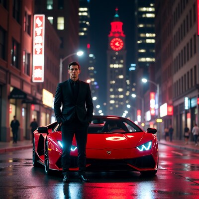 Man in suit with red Lamborghini at night