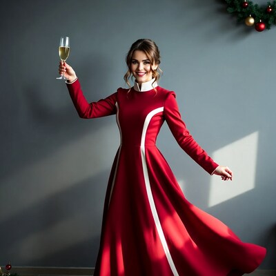 Woman toasting champagne in red dress