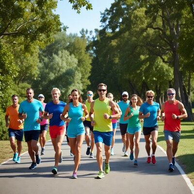 Group of runners jogging on park path
