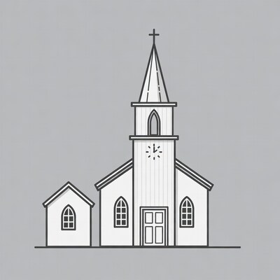 Line art church with clock tower
