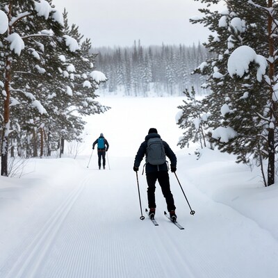 Men cross-country skiing snowy forest trail