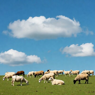 Sheep grazing on green field