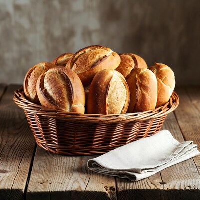 Fresh bread rolls in wicker basket