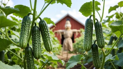 Cucumbers with Scarecrow and Red Barn