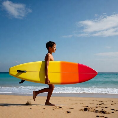 Boy carrying colorful surfboard on beach