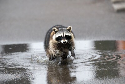 Raccoon running through puddle