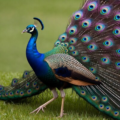 Peacock displaying tail feathers on grass