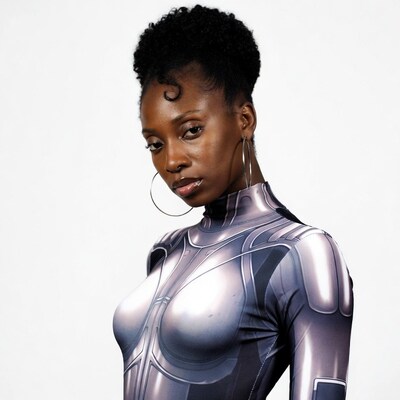Black woman in metallic bodysuit