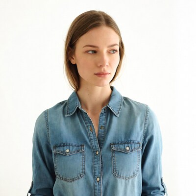 Woman in denim shirt on white background