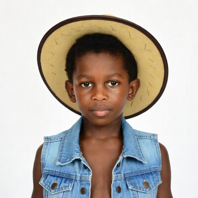 African boy in straw hat and denim vest