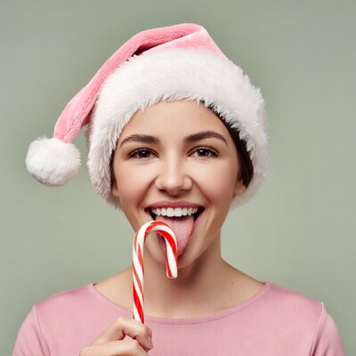 Woman licking candy cane with Santa hat