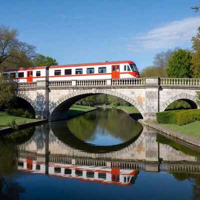 Red Train Crossing Stone Bridge over Canal