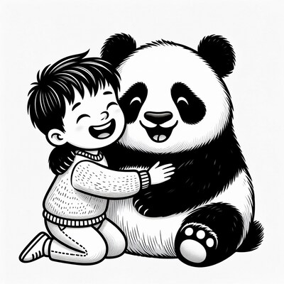 Boy hugging panda illustration