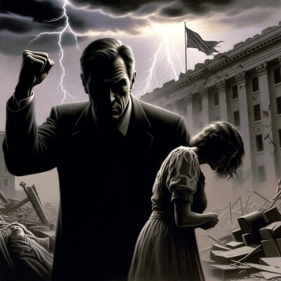 Man fist raised woman rubble White House storm