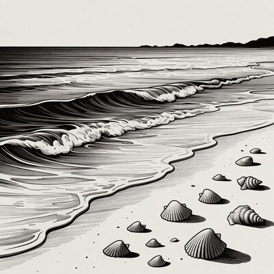 Waves crashing on beach with seashells
