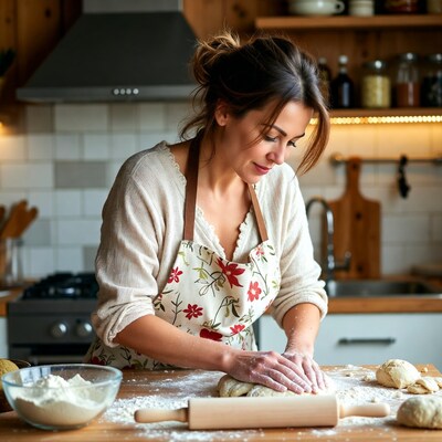 Woman rolling dough in kitchen