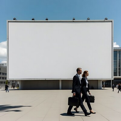 Business couple walking past blank billboard