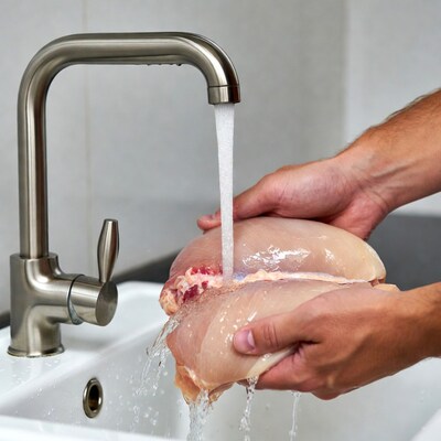 Man washing raw chicken sink